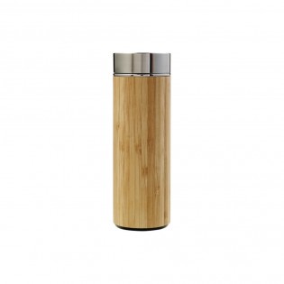 Bouteille isotherme bambou et acier personnalisable par gravure laser 420mL - Thermos boissons chaudes et froides + infuseur